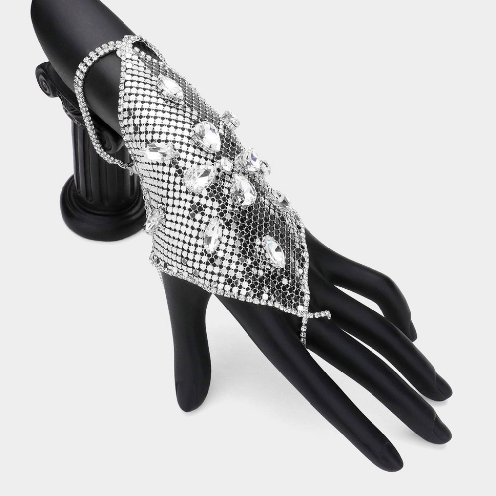 Silver Mesh Teardrop Crystal Hand Chain Bracelet Party Statement Jewelry Ring